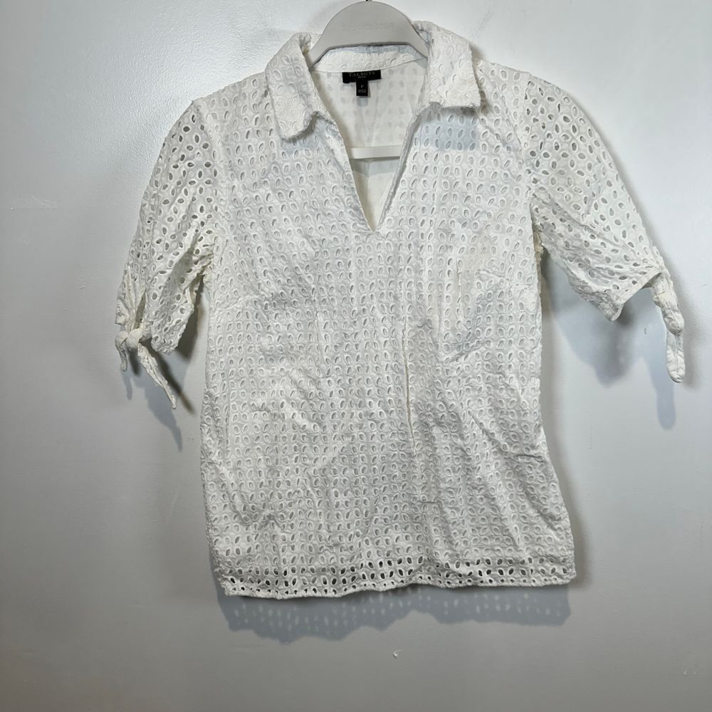 Talbots White Eyelet Cotton Blouse with Tie Sleeves Petite Summer Top